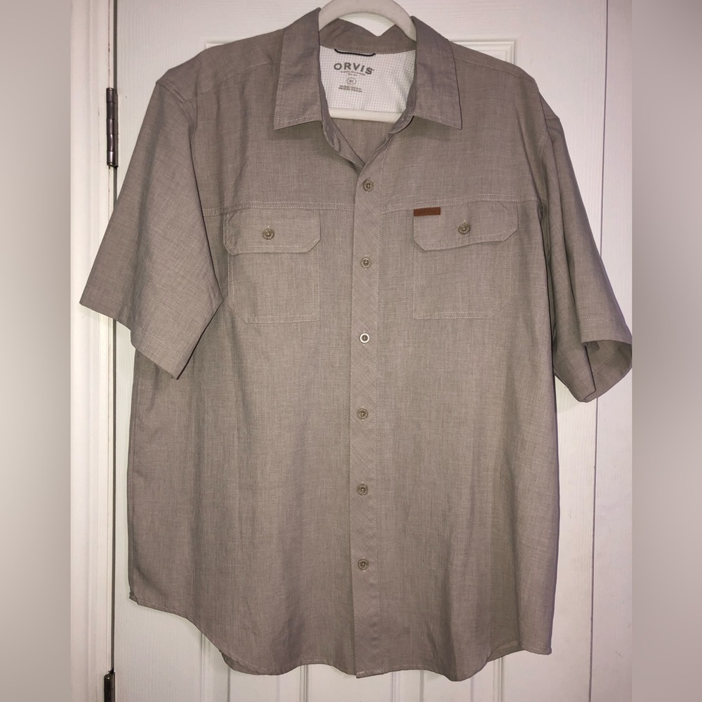Orvis button down tan‎ chest pocket short sleeve shirt men’s size XL fishing